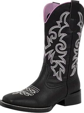 Women's Black Faux Leather Cowboy Femme Square Toe Mid Calf Cowboy Boots